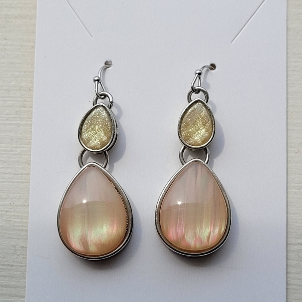 Blush Pink and Yellow Tear Drop Pear Dangle Iridescent Pierced Hook Earrings